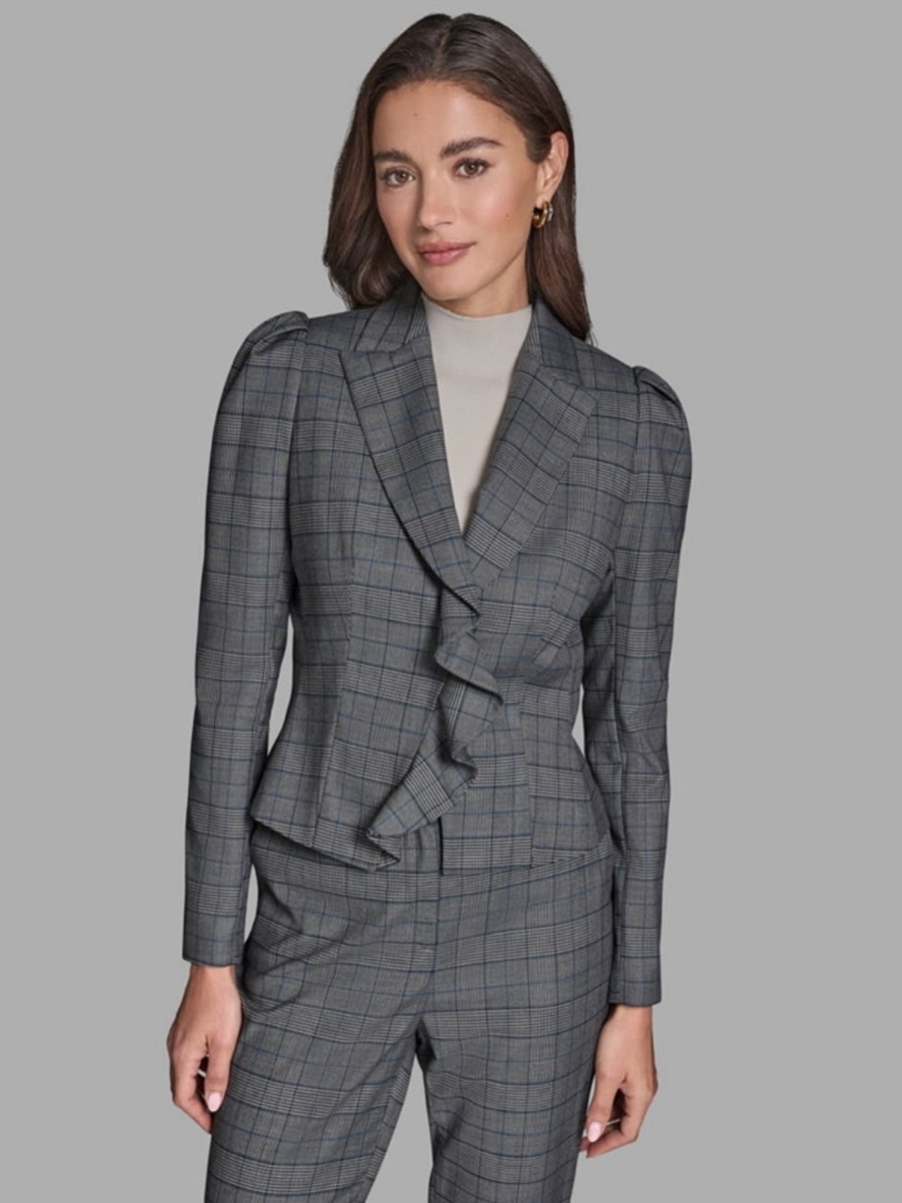 BCBG Gray Plaid Ruffled Single-Breasted Blazer